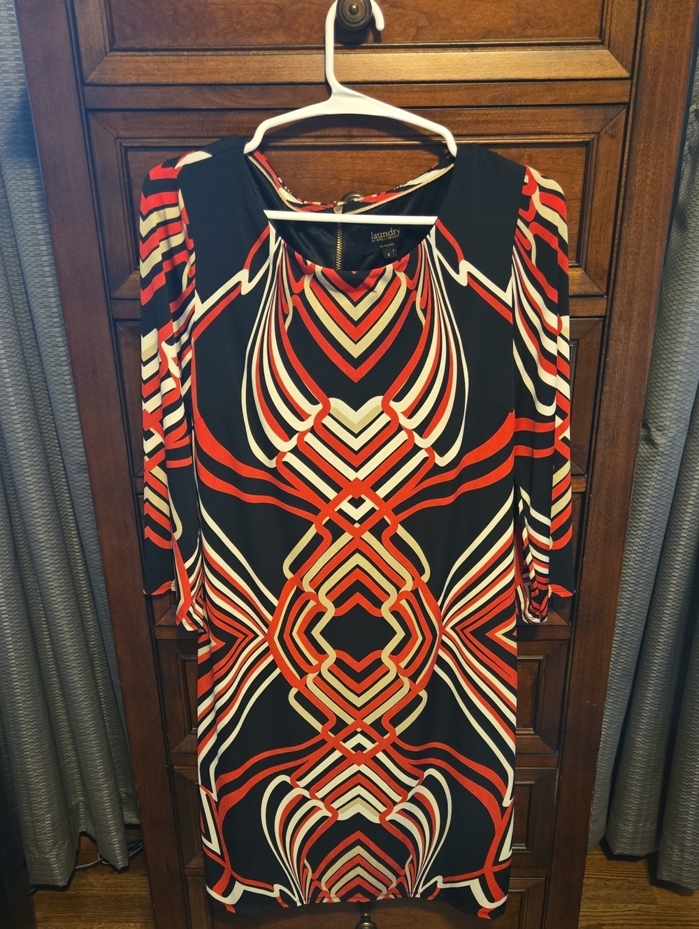 Laundry By Shelli Segal Black, Red & Cream Geometric Long Sleeve Dress